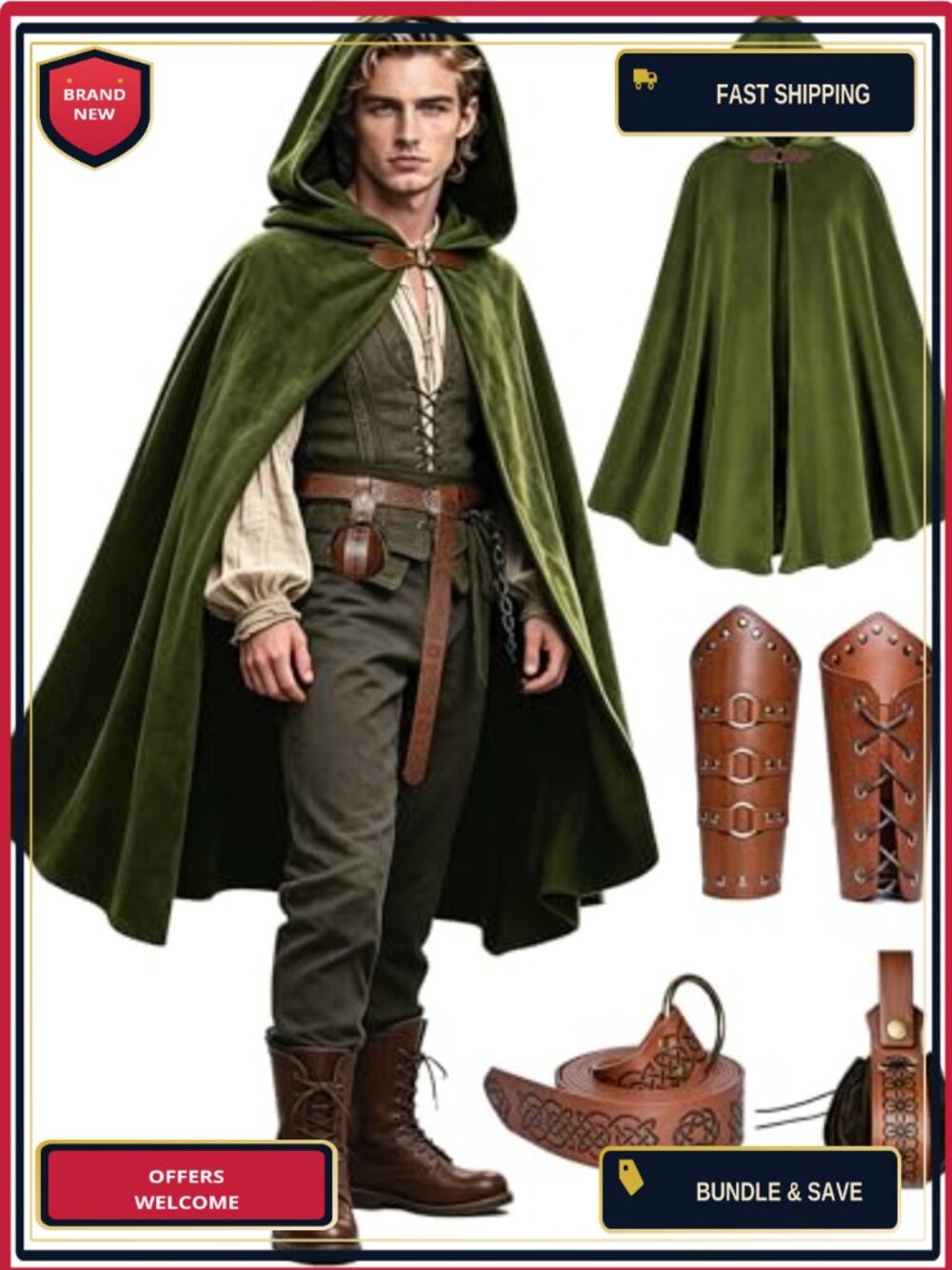 Renaissance Hooded Cloak Set Medieval Costume Faux Leather Belt Pouch